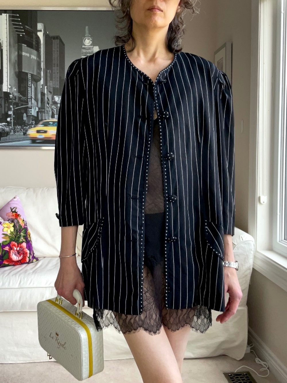 Vintage striped and dot print lightweight blazer